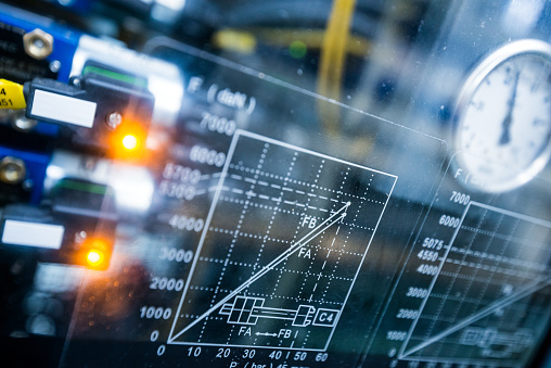 Mechanical industry close up objects: Pressure gauge and electrical components